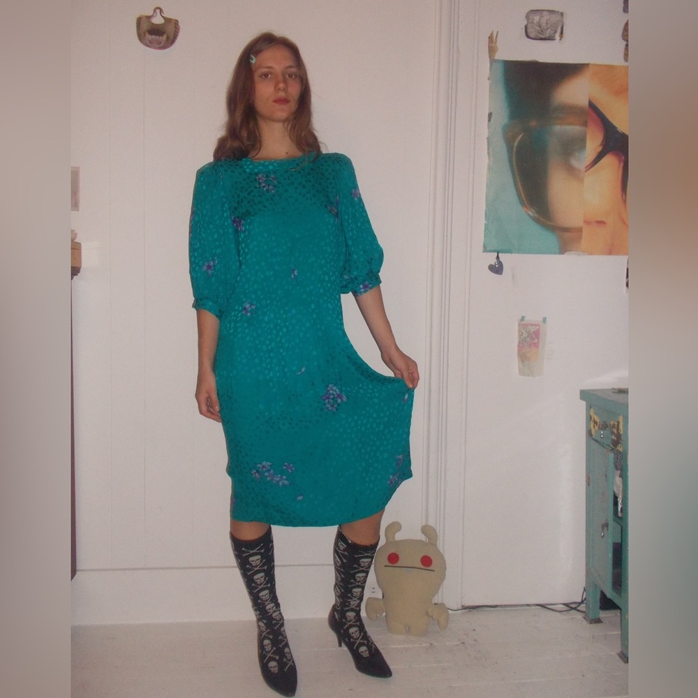 Flora Kung Teal Floral Women's Dress - Special Edition 80s